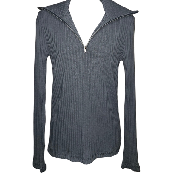 Tahari High Neck Ribbed 3/4 Zip Long Sleeve Top - Picture 1 of 3
